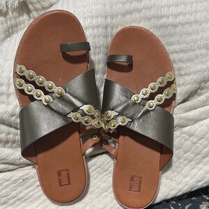FitFlop Metallic Gunmetal and Brown Beaded Crisscross Sandals